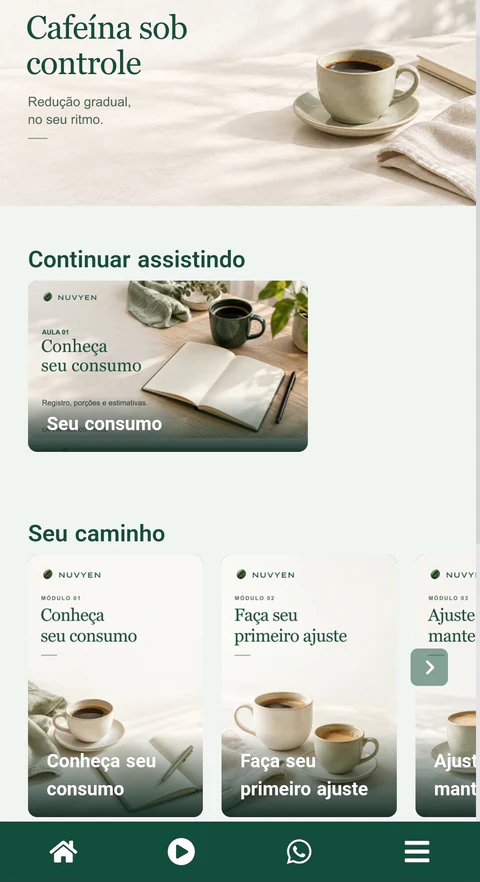 Área de membros NUVYEN no celular, com a aula Seu consumo e os novos módulos.